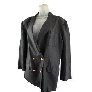 Vintage Ann Taylor Blazer Womens 12 Black Linen Double Breasted Jacket 90s Crest